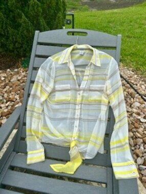 Cache Tie Front Sheer Blouse Yellow Stripe Size Medium